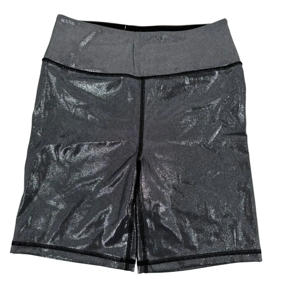 Victoria Sport Metallic Bike Shorts Size XS Silver High Rise 7 In Inseam Sporty